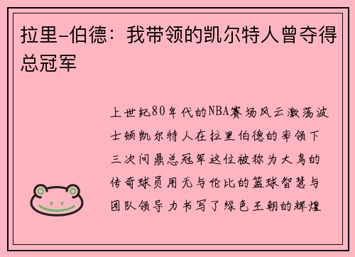 拉里-伯德：我带领的凯尔特人曾夺得总冠军